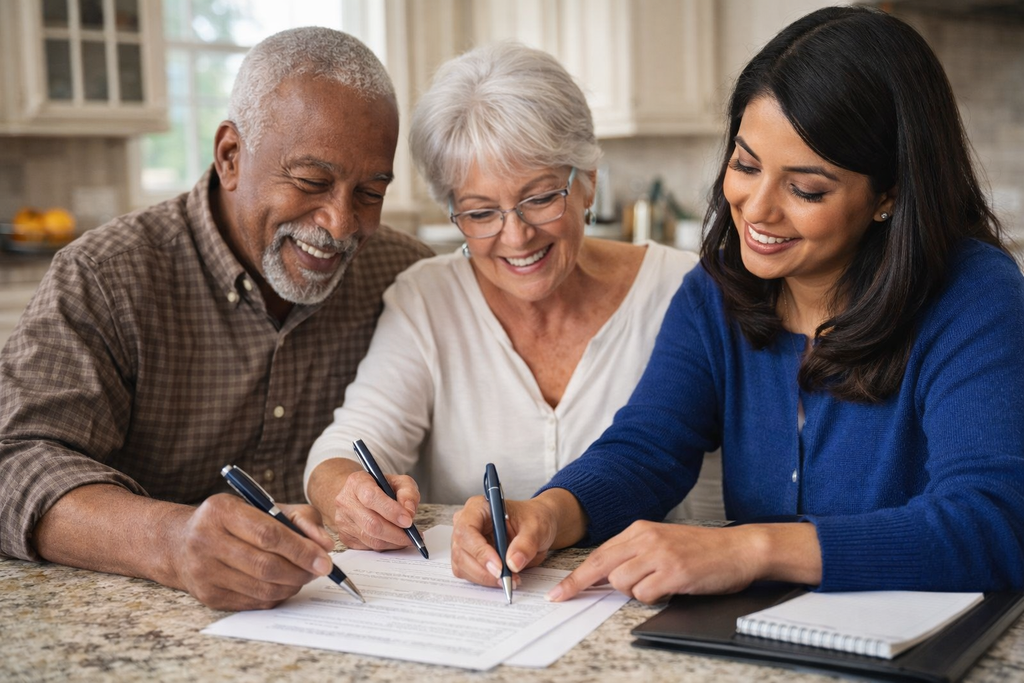 A female mobile notary helping a senior couple sign paperwork at home on their kitchen table